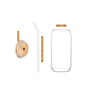 Factory Direct Clear Can-Shaped Glass Coffee Cup and Beverage Bottle with Bamboo Lid and Straw