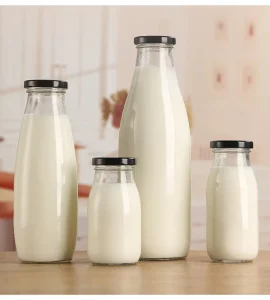 Factory Direct Food Grade Transparent Empty Glass Milk Bottles 200ml 250ml 500ml 1000ml with Metal Cap for Beverage Juice