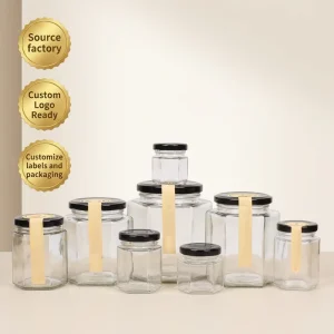 Factory Direct Sustainable Hexagonal Glass Jar With Sealed Lid for Sauce, Honey and Food Storage