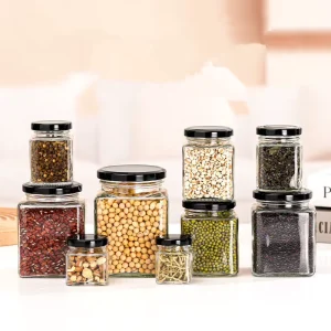 Factory Empty Food Packaging Square Glass Jar and Bottle with Metal Lid for Jam and Jelly