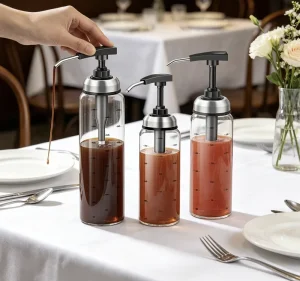 Factory No Drip Glass Sauce Pump Bottle 2PCS Thick Borosilicate Salad Dressing Honey Syrup Dispenser for Coffee Bar