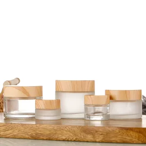 Factory Price 5G 15G 10G Transparent Empty Cylindrical Face Cream Glass Jar With Wood Grain Lid