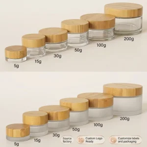 Empty Frosted Glass Cosmetic Packaging Set with Bamboo Pump, Dropper, and Spray Lids
