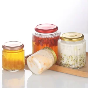 Factory Striped 150ml 200ml 280ml 380ml 500ml Food Grade Empty Clear Round Glass Honey Jar
