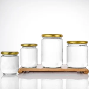 Factory Supply Clear Glass Jars with Gold Metal Lids for Baby Food and Sugar Storage