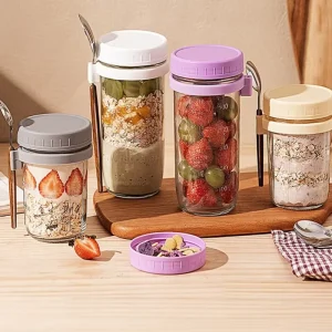 Factory Supply Food Grade Overnight Oatmeal Glass Cup Set 350ml 12oz With Lid and Spoon