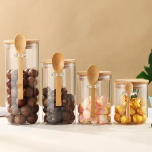 Factory Transparent Glass Storage Jar with Reusable Lid and Spoon