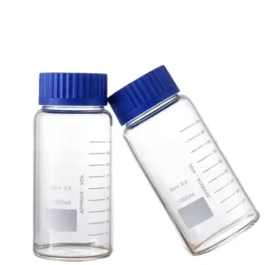 Factory Wide Mouth 1 Liter Lab Glass Reagent Bottle 1000ml Borosilicate Media Storage Jar With Blue Screw Cap