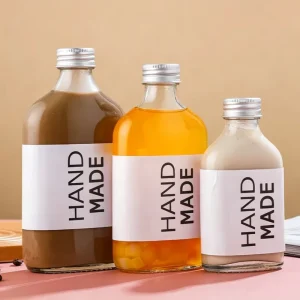 Flat Flask Glass Bottles 50ml 100ml 200ml 250ml 350ml 500ml for Wine, Coffee, Cold Brew and Juice with Aluminum Lids