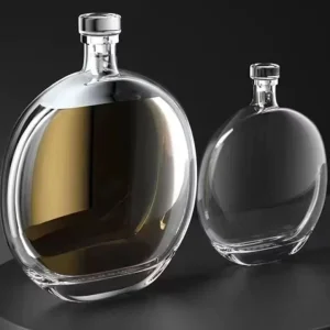 Flat Round Transparent Glass Wine Bottle with Glass, Polymer, or Cork Cap, 3.3oz, 8oz, 16oz