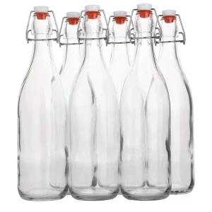 Flip Top Glass Bottle [1 Liter 33 Fl. Oz.] [Pack 6] Swing Brewing Stopper Airtight Leak Proof Cap for Beverages Kefir