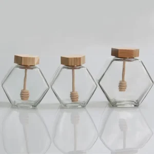 Food Grade 100ml 380ml Clear Glass Honey Jar Airtight Drip Proof Eco friendly Recyclable Wooden Honey Dipper for Milk Jelly Cake