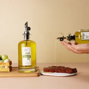 Food Grade 12oz 16oz Flint Glass Round Empty Marasca Olive Oil Dispenser Bottles with Stainless Steel Pourer
