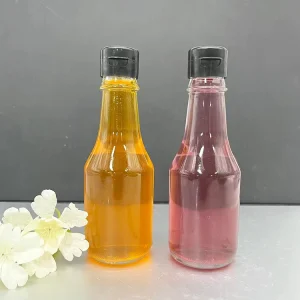 Food Grade 150m Transparent Glass Woozy Sauce Bottle with Plastic Flip Lid for Jam, Salad Dressing, Ketchup and Chili Sauce