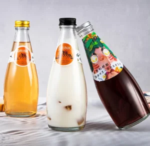 Food Grade 290ml 300ml Clear Mineral Water Milk Juice Beverage Glass Bottles with Lid