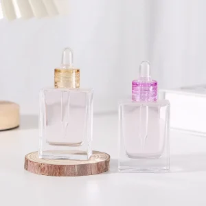 Food Grade 30ml Flat square Rectangle Glass Dropper Bottles with Crystal clear Collar for Serum Essential Oil