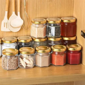 Food Grade 45ml Hexagonal Glass Jar Hexagon Honey Mini Glass Jar with Gold Metal Lid
