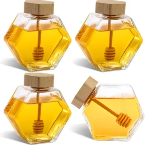 Food-Grade Empty Airtight 100ml 500g Hexagonal Glass Sauce Syrup and Honey Jar with Wooden Lid