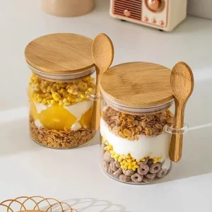 Food Grade Glass Jar Multifunctional Kitchen Glass Food Container with Spoon Bamboo Lid Seal For Spices Jars