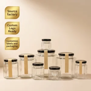 Food Grade Hexagonal Glass Jar 45ml-730ml with Airtight Lid for Honey, Jam, Pickles, Candy, Chocolate, and Pet Food