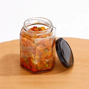 Food-Grade Hexagonal Glass Jar with Tight-Fit Metal Lid for Sauces and Canning