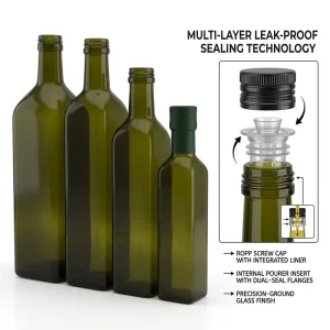 Food-Grade Square Green Glass Olive Oil Bottle with Leak-Proof Plastic Stopper