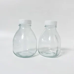 Food Grade Squat Short Glass Beverage Milk Bottle with Plastic Caps for Coffee Juice Yogurt and Beverages