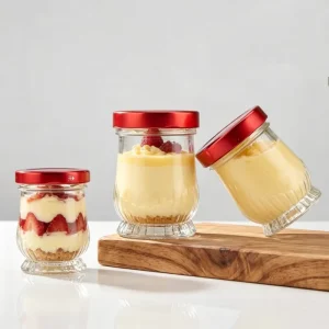 Food grade Embossed Glass Storage Jar with Metal Lids 50ml 200ml for Jelly Chutneys Smoothie Dessert Pudding Packaging