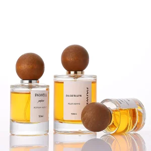 Fragrance Manufacturer Clear Cylinder Glass Perfume Bottle 30ml 50ml 1.7oz 100ml with Round Wooden Cap