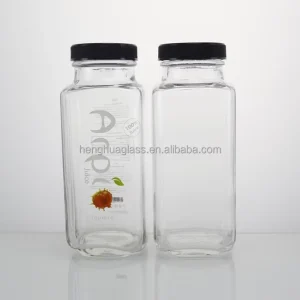 French Square Glass Beverage Bottles with Screw Lid, 250ml 350ml and 500ml, for Fruit Juice Milk and Water