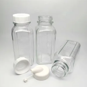French Square Glass Juice Bottle with Screw Cap, Silicone Dispenser Cap and Capacity Marks
