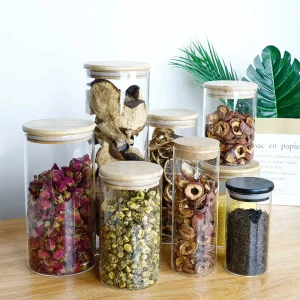 Freshness Round Shape Borosilicate Glass Storage Jar Glass Canister with Bamboo Lid Diameter 65mm Glass Jar