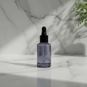 Frost Blue Round Glass Cosmetic Bottle with Black Dropper 30ml 18/410 Model for Serum and Essential Oil