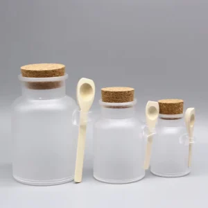 Frosted 100ml 200ml 300ml 500ml Glass Bath Salt Jar with Cork Lid and Spoon