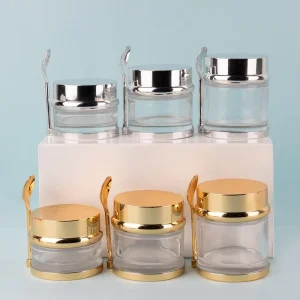 Frosted Clear Glass Cream Jar for Skincare and Body Care with Gold Spoon