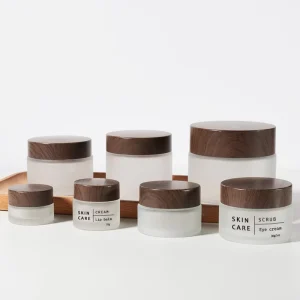 Frosted Clear Glass Cream Jars 5g 10g 15g 20g 30g 50g 60g 100g with Plastic Dark Wooden Lids