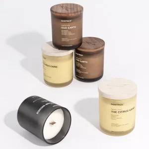 Frosted Glass Soy Wax Pillar Aromatherapy Candle Wooden Marble Lid