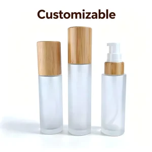 Frosted Glass Spray and Lotion Bottle Set with Bamboo Cap for Perfume Toner and Serum 100ml Travel Refill Container