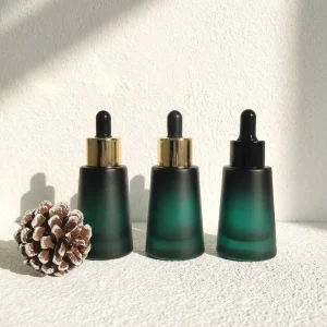 Frosted Gradient Green Glass Essential Oil Bottle with Collar Dropper 30ml Gold Conic Cosmetic Perfume Bottle