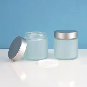 Frosted Light Blue Glass Cream Jar with Silver Lid Refillable Cosmetic Jar for Skincare Cream Custom Logo OEM