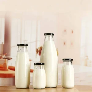 Glass Beverage Milk Bottles 200ml 350ml 500ml 1000ml with Screw Cap, Refillable