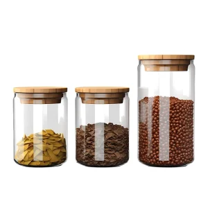Glass Bottles with Wooden Lid for Food Storage and Sealing