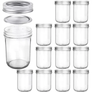 Glass Canning Jars with Silver Lids 16oz Wide Mouth Mason Glass Jar Set BPA Free & Food Safe