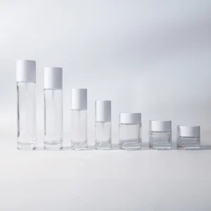 Glass Cosmetic Packaging Set with Cylinder Bottle Cream Jar Matte White Cap Serum Pump and Thick Bottom