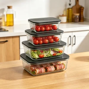 Glass Food Container Lunch Box Diamond Cut Texture Wood Lid Silicone Sealing Airtight Leakproof Microwave Safe