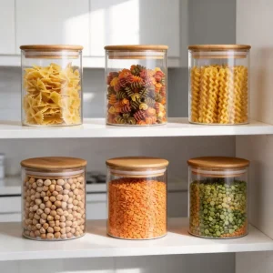 Glass Food Storage Bottle With Labels Glass Storage Jars With Airtight Bamboo Lid Clear Kitchen Container