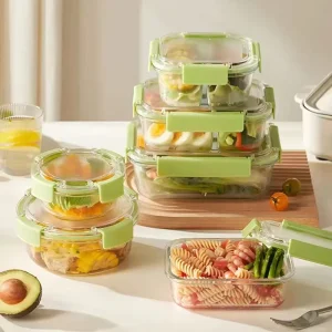 Glass Food Storage Container Set with Non-Slip Silicone Ring, Airtight Seal, and Steamable Design