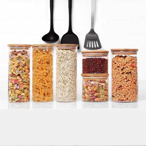 Glass Food Storage Containers Set Airtight Food Jars with Bamboo Wooden Lid Set of 5 Kitchen Canisters for Sugar Candy Cooki