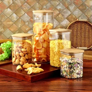 Glass Food Storage Containers with Bamnoo Lids and Handles Clear Glass Canister Sets for Sugar Tea Coffee Snack Spice Herbs