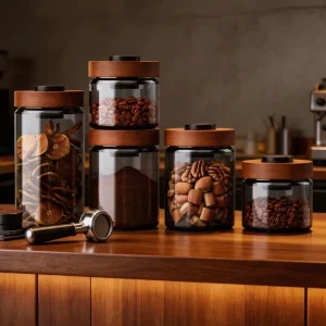 Glass Food Storage Jar with Wooden Lid and Airtight Seal for Coffee Beans